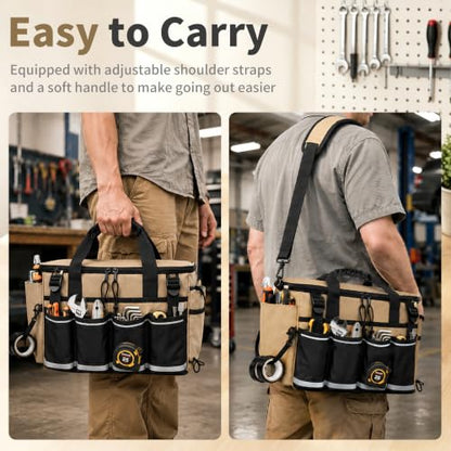 14-Inch Heavy Duty Tool Bag, 17 Pocket Tool Box Organizer - color: Khaki