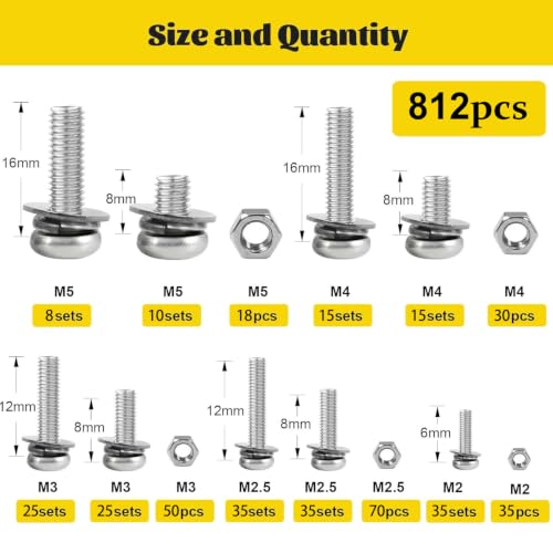 812PCS M2M2.5M3M4M5 Phillips Pan Head Machine Screws Assortment Kit - size: SS M2M2.5M3M4M5 812pcs