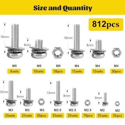 812pcs M2 M2.5 M3 M4 M5 Phillip Pan Head Machine Screw Assortment Kit - size: SS M2M2.5M3M4M5 812pcs