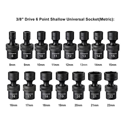 CASOMAN 15 PCS 3/8" Drive Standard Universal Impact Socket Set, 6-Point, Metric, 8mm - 22mm - size: 15 PC Metric 3/8" Dr. (Shallow)