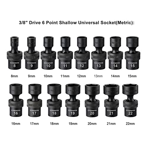 CASOMAN 15 PCS 3/8" Drive Standard Universal Impact Socket Set, 6-Point, Metric, 8mm - 22mm - size: 15 PC Metric 3/8" Dr. (Shallow)
