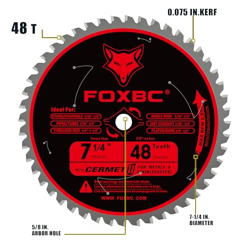 FOXBC 7 1/4 inch Metal Circular Saw Blade 48 Teeth, Metal and Stainless Steel Cutting Saw Blade, Ceramic Carbide with 5/8 Arbor - 2 Pack