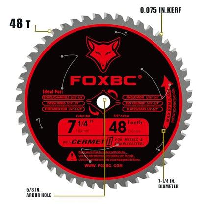 FOXBC 7 1/4 inch Metal Circular Saw Blade 48 Teeth, Metal and Stainless Steel Cutting Saw Blade, Ceramic Carbide with 5/8 Arbor - 2 Pack