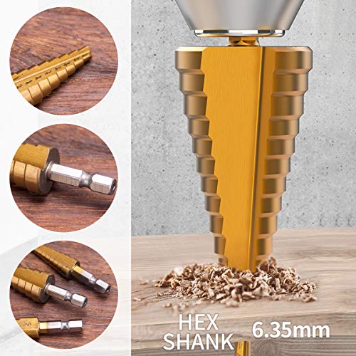 HSS Step Drill Bit Set - 3PCS 1/4" Hex Shank Titanium Coated High Speed Steel Hole Drill Cone Bits Stepped Up Unibit for Sheet Metal Hole Drilling Cutting Hole (1/8 Inch - 3/4 Inch) - size: 3 - 19 mm