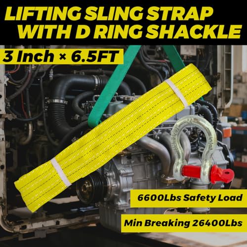 HENBOW Lifting Straps with D Ring Shackle,6.5' × 3" Heavy Duty Flat Lift Sling Straps for Hoist 6600 lbs Safety Load，Web Sling Car Tree Saver Winch Recovery - size: 3 Inch × 6.5 FT