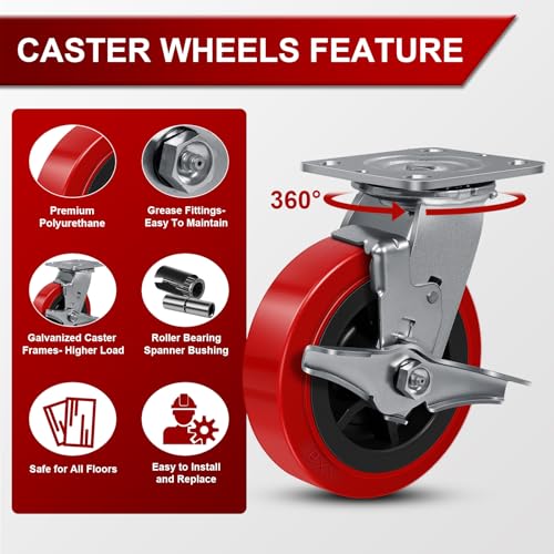 6"x 2" Heavy Duty Industrial Casters, Polyurethane on Polyolefin Core Wheel- Capacity up to 5000 Lbs (Set of 4), Use for Platform Truck, Industrial Equipment (2 Brake & 2 Rigid) - style: Size: 6 "