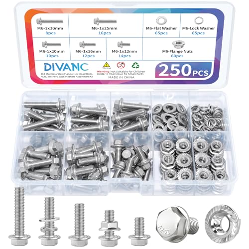 250PCS M6 Flange Hexagon Screws Serrated Flange Nuts Washers,M6-1.0 x 12/16/20/25/30mm Flanged Hex Head Bolts Assortment Kit, 304 Stainless Steel Serrated Flange Nuts and Bolts (M6-1.0 Silver) - size: M6-1.0 Silver