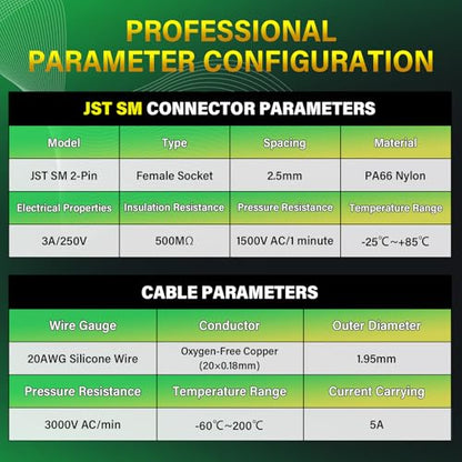 20Pieces JST SM 2.5mm 2 Pin 20AWG Silicone Connector Kit 20cm Set - size: 2-Pin, style: JST-SM-F