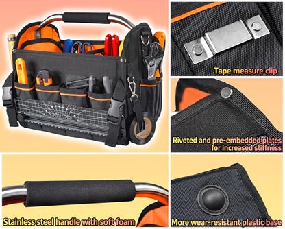 12-Inch Tool Tote Electrician Tool Bag with 34 Pockets & Removable Divider - size: 12 IN