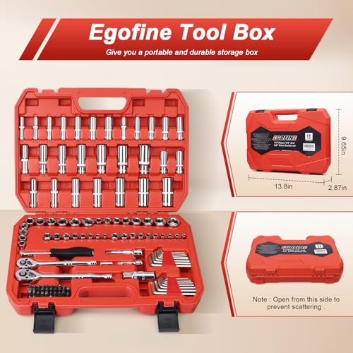 Egofine 117 Pieces 1/4 & 3/8 inch Drive Socket Ratchet Wrench Set, Metric/SAE Size, with Bit Socket Set and Extension Bar for Auto Repairing and Household, with Storage Case - color: Red, size: 3/8" & 1/4" 117 PCS with 72 Teeth Ratchet