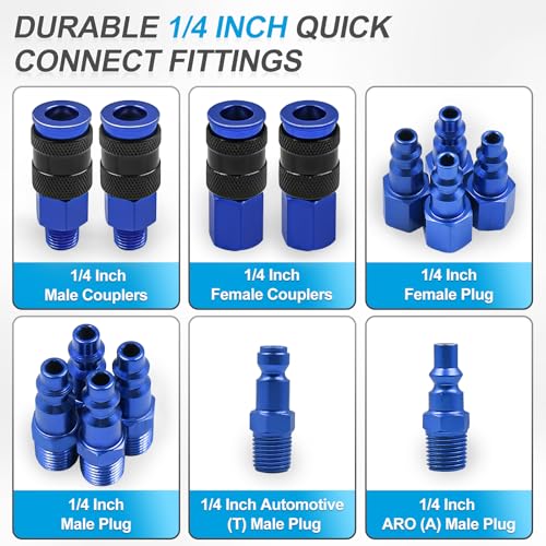 15 Pieces Air Compressor Hose Fitting Kit, 1/4" Universal Air Coupler and Industrial Air Plug Kit Quick Connect Air Fittings with Storage Case (Blue)