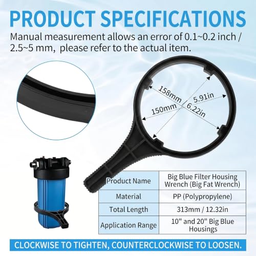 Heavy Duty Water Filter Wrench 6.38 Inch Max Inner Diameter for Big Blue Style Filter Housings, Fits 4.5 x 10 and 4.5 x 20 Cartridges, PP Filter Housing Removal Tool for RV and Whole House Systems