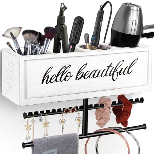 Rustic Hair Dryer Holder Wall Mounted,Hair Styling Tools & Accessories Organizer,Bathroom Supplies & hot Tools vanities Organizer Caddy,for Storage Flat Iron,Blow Dryer,Curling Iron (White) - color: White