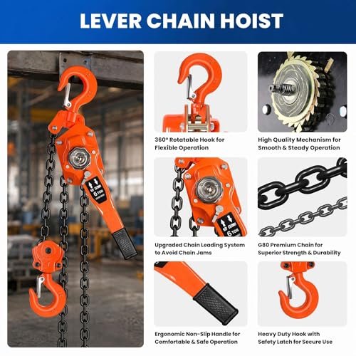 Manual Lever Chain Hoist 6 Ton 13200 lbs, 20 Ft Come Along Winch, G80 Galvanized Steel with Dual Pawl Brake & Auto Chain Leading for Construction Garage Warehouse - size: 6T*20FT
