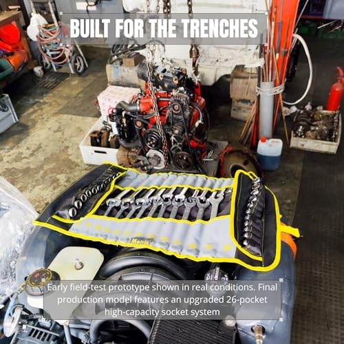 4-in-1 Wrench and Socket Tool Roll Bag – 52-Pocket Heavy Duty Organizer for SAE & Metric Sets (1/2" Dr. Sockets) – Mobile Mechanic and Fleet Maintenance Tool Wrap Pouch (Industrial Yellow) - color: Yellow