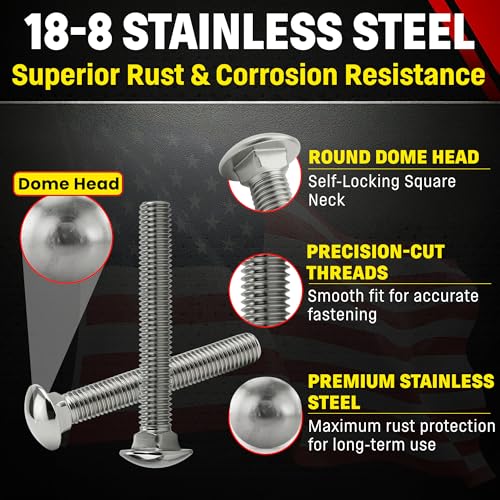 Stainless 1/2-13 x 4 Carriage Bolt (1" to 5" Lengths Available in Listing), 18-8 Stainless Steel, 25 Pieces (1/2-13 x 4) - size: 1/2-13 x 4"