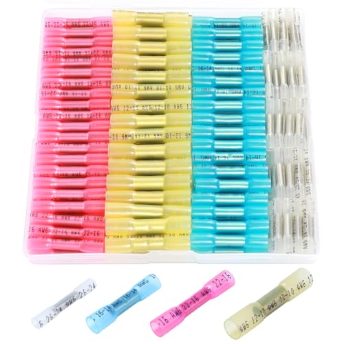 140PCS Heat Shrink Butt Wire Connectors 26-10 AWG, Insulated Waterproof Electrical Wire Connectors Automotive Marine Grade Wire Crimp Terminals Butt Splices, Ideal for Boat, Truck - size: 22-10 AWG