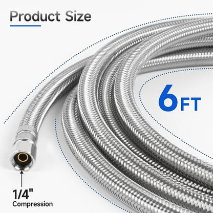 6 FT Refrigerator Water Line, 1/4" Compression Stainless Steel Braided Ice Maker Hose, Fridge Water Line for Refrigerator, Ice Maker Water Hose - size: 6 Feet