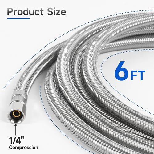 6 FT Refrigerator Water Line, 1/4" Compression Stainless Steel Braided Ice Maker Hose, Fridge Water Line for Refrigerator, Ice Maker Water Hose - size: 6 Feet