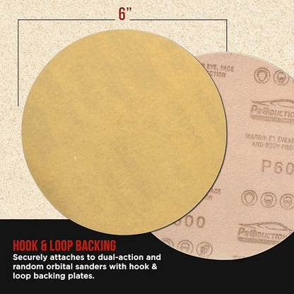 ProductionShop Premium 600 Grit 6" Gold Sanding Discs, Box of 100 - Hook & Loop Backing Abrasive Sandpaper for DA & Random Orbital Sanders - Sand Automotive Paint, Metal, Wood, Woodworking Furniture - style: 600 Grit