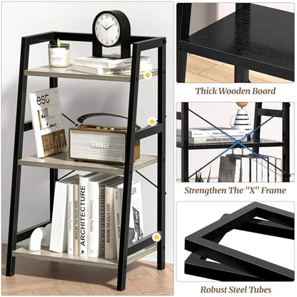 3-Tier Bookshelf, Ladder Shelf, Stand up Shelves, Industrial Bookcase with Steel Frame, Metal Small Bookcase, for Living Room, Home Office, Kitchen, Bedroom, Industrial Style（Greige & Black） - color: Greige & Black, size: 3 Tier (11.8"D x 16.5"W x 31.3"H)
