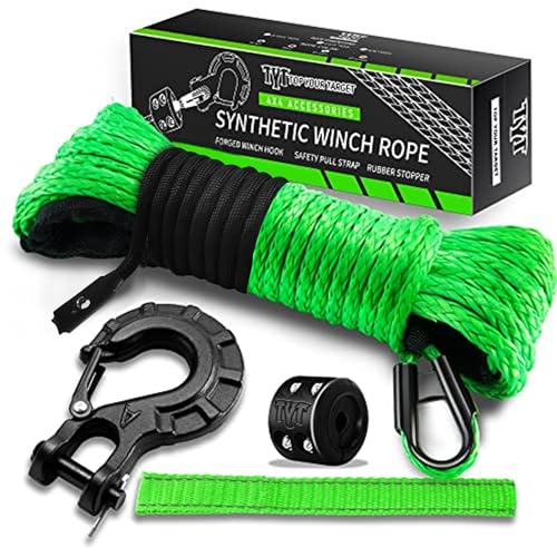 TYT Synthetic Winch Rope Kit - 1/4'' x 50' with 10000 lbs Strength, Protective Sleeve, Heavy Duty Hook, Rubber Stopper, & Safety Pull Strap for Off-Road 4x4 Vehicles (Green) (JPS1450OG) - color: Green, size: 1/4'' x 50'