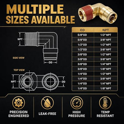 90 Degree 1/4"OD x 1/8" NPT Swivel Elbow Push to Connect Fittings,Brass Air Line Connector (Pack of 5) – DOT Air Brake Line Quick Fittings for Truck and Pneumatic System - size: 1/4"OD x 1/8" NPT