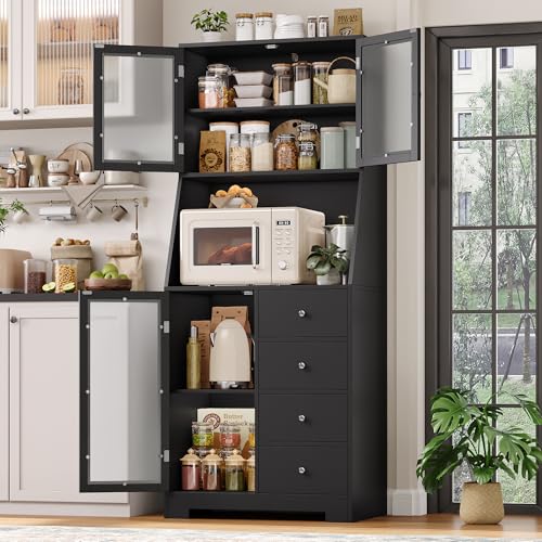 BOTLOG 64'' Kitchen Pantry Storage Cabinet, Tall Kitchen Storage Cabinet with Microwave Stand, Hutch Cabinet with Adjustable Shelves, for Dining Room, Black - color: Black