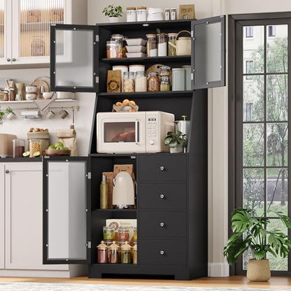 BOTLOG 64'' Kitchen Pantry Storage Cabinet, Tall Kitchen Storage Cabinet with Microwave Stand, Hutch Cabinet with Adjustable Shelves, for Dining Room, Black - color: Black