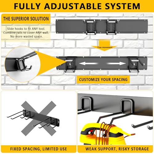 Garage Tool Organizer Wall Mount, 48inch Heavy-Duty Garage Storage System and Garden Tool Organizer with 9 Adjustable Hooks for Shovel, Snowboard, Yard Tools and Shed - size: 48"-9hooks