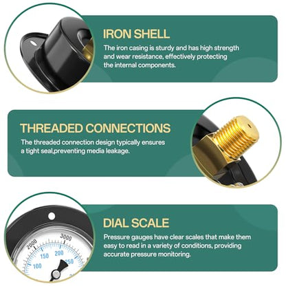 0-5000PSI Black Front Flange Panel Mount, Dry Pressure Gauge, 2.5" Dial Size, 1/4" MNPT, Iron Case, with Phillips Screw and Nut, for Water, Gas, Liquid Pressure - color: Dry - Iron Case, size: 0-5000PSI