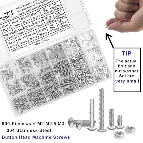 900PCS Button Head Hex Socket Cap Screws Assortment Kit, Small M2 M2.5 M3 Bolts and Nuts Washers Set, Allen Head Machine Screws, 304 Stainless Steel, Fully Threaded, Come with Hex Wrench.