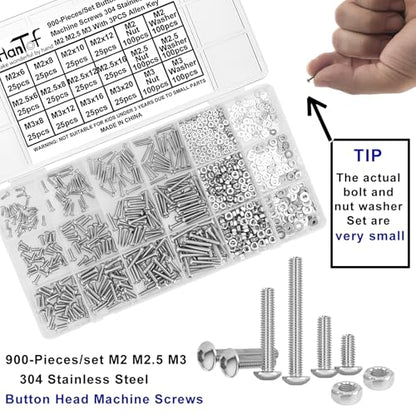 900PCS Button Head Hex Socket Cap Screws Assortment Kit, Small M2 M2.5 M3 Bolts and Nuts Washers Set, Allen Head Machine Screws, 304 Stainless Steel, Fully Threaded, Come with Hex Wrench.