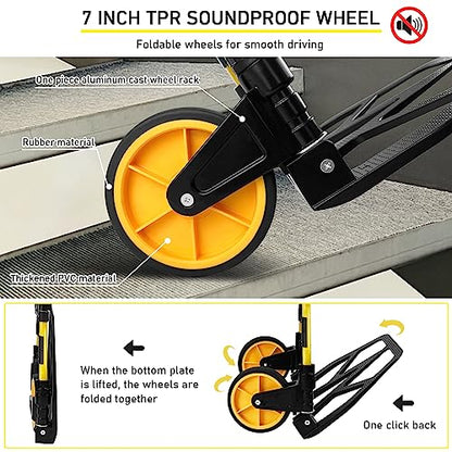 Folding Hand Truck and Dolly, 440lbs Capacity Portable Luggage Dolly Cart with Rubber Wheels and Retractable Handle, Aluminum Foldable Hand Cart for Transportation/Luggage/Mobile/Travel/Office Use - color: Yellow