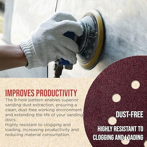 ProductionShop 5" Red 8-Hole Pattern Sanding Discs, 50 Disc Variety Pack, Grits 80, 100, 120, 150, 180, 220, 320, 400, 600, 800 - Hook & Loop Sandpaper for Random Orbital Sanders - Woodworking, Paint - style: Variety Pack 50