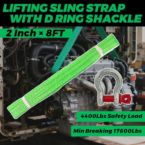 HENBOW Heavy Duty Flat Lift Sling with D Ring Shackle,8'X2 Lift Sling Straps 4400 lbs Safety Load，Web Sling for Hoist Car Tree Saver Winch Recovery - size: 2 Inch × 8 FT