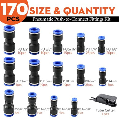 Fuzbaxy170PCS Pneumatic Push-to-Connect Fittings Kit, 1/8" 1/4" 3/8" 1/2" 5/16" NPT Air Hose Connectors with PG Reducer, PA66 Nylon Quick Coupler for Air Compressor, Spray Gun, Water Line & RO System - color: 170PCS with PU/PG