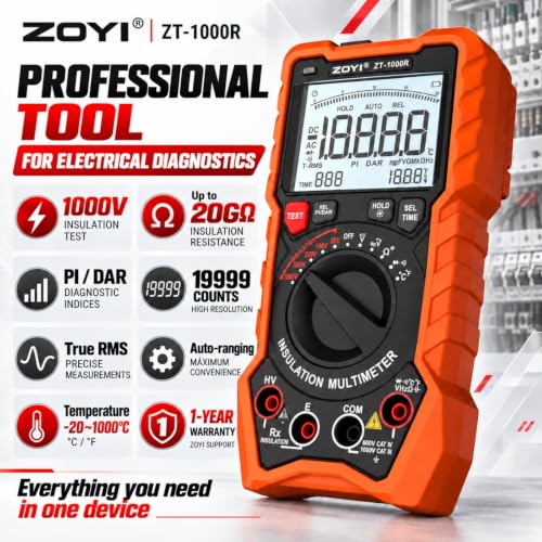 ZOYI ZT-1000R 2 in 1 Megohmmeter Multimeter, 50V/100V/250V/500V/1000V 5 Gear with DAR&PI, Insulation Resistance up to 20GΩ, 19999 Counts Auto Range T-RMS, V,Ω,C,FREQ,Temp, Diode,Continuity Tester