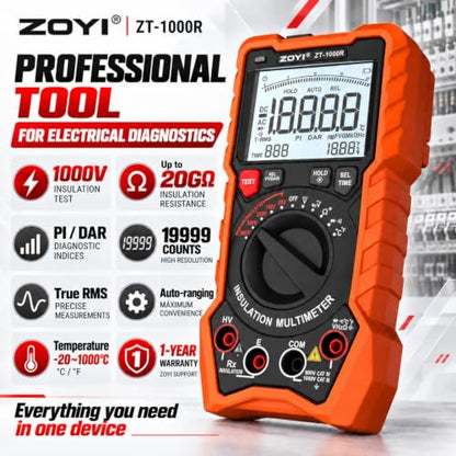 ZOYI ZT-1000R 2 in 1 Megohmmeter Multimeter, 50V/100V/250V/500V/1000V 5 Gear with DAR&PI, Insulation Resistance up to 20GΩ, 19999 Counts Auto Range T-RMS, V,Ω,C,FREQ,Temp, Diode,Continuity Tester