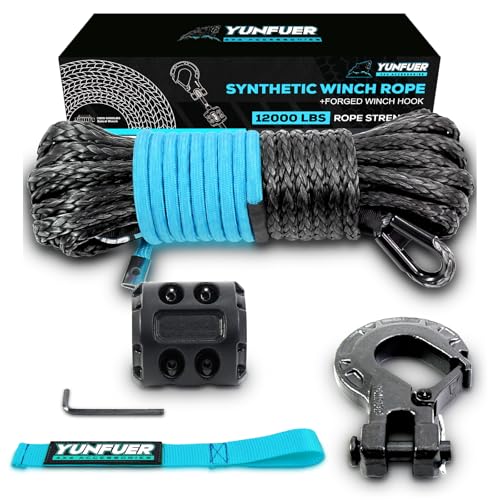 1/4" x 50ft Synthetic Winch Rope Cable Kit, 10000LBS Winch Rope with Protective Sleeve + Forged Winch Hook + Rubber Stopper and Safety Pull Strap for ATV UTV (Gray) - color: gray, size: 1/4"x50ft