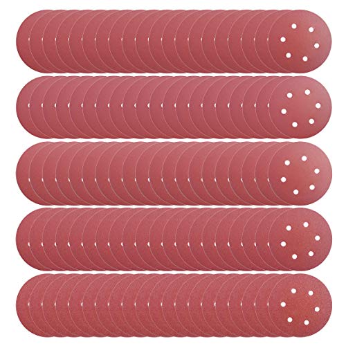 100 PCS 6 Inch 6 Holes Sanding Disc Assorted - 60 80 120 150 240 Grits, 6" Hook & Loop Backing Random Orbital Sandpaper Sander Paper for Automotive Paint, Woodworking Wood, Metal