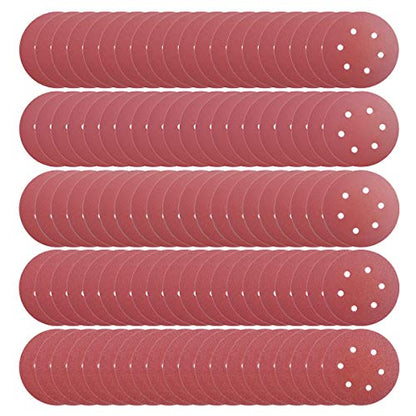 100 PCS 6 Inch 6 Holes Sanding Disc Assorted - 60 80 120 150 240 Grits, 6" Hook & Loop Backing Random Orbital Sandpaper Sander Paper for Automotive Paint, Woodworking Wood, Metal