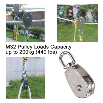6 Pcs M32 Single Pulley Black Loading 440 lbs, STARVAST Stainless Steel Heavy Duty Swivel Lifting Rope Pulley Block 32mm Pulley Roller - size: M32-6PCS