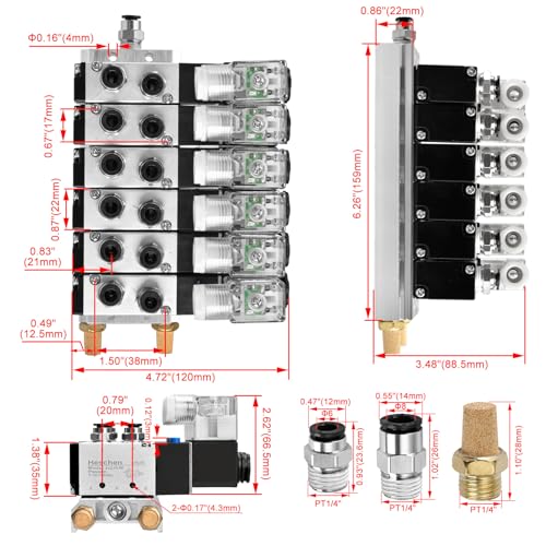 Heschen Electrical Pneumatic 6 Solenoid Valve, 4V210-08, DC24V Coil, PT1/4'' Port, 5 Way 2 Position, Manifold Base, Muffler, Quick Fittings Set - style: Electronic.