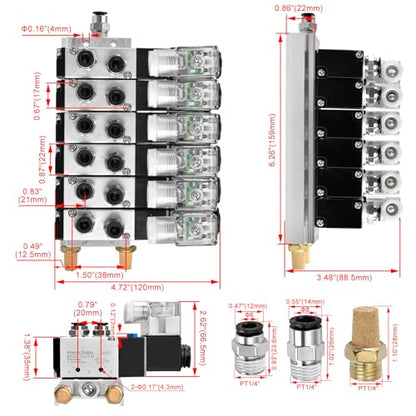 Heschen Electrical Pneumatic 6 Solenoid Valve, 4V210-08, DC24V Coil, PT1/4'' Port, 5 Way 2 Position, Manifold Base, Muffler, Quick Fittings Set - style: Electronic.