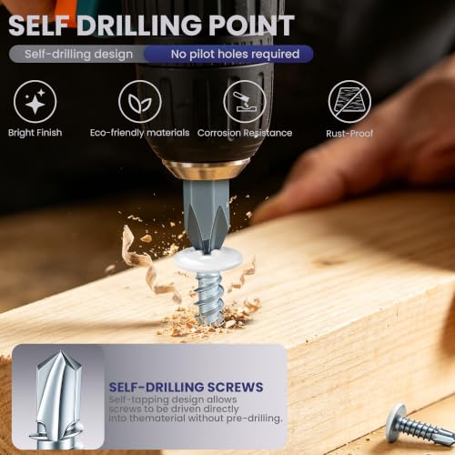 200 PCS #8 x 1 Sheet Metal Screws, Phillips Modified Truss Head Self Drilling Screws, Zinc-Plated, White Head Self Tapping Screws for Metal, Wood, Plastic, Double-Ended Bit Included - color: White, size: #8 x 1"