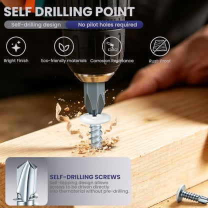 200 PCS #8 x 1 Sheet Metal Screws, Phillips Modified Truss Head Self Drilling Screws, Zinc-Plated, White Head Self Tapping Screws for Metal, Wood, Plastic, Double-Ended Bit Included - color: White, size: #8 x 1"