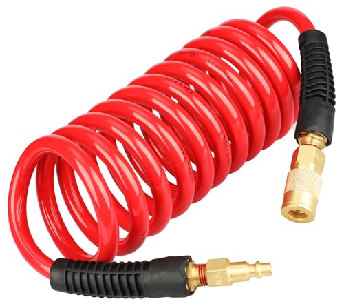 YOTOO Polyurethane Recoil Air Hose 3/8" Inner Diameter by 10' Long with Bend Restrictor, Repairable 1/4" Industrial Quick Coupler and Plug, Red - size: 10 FT