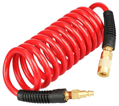 YOTOO Polyurethane Recoil Air Hose 3/8" Inner Diameter by 10' Long with Bend Restrictor, Repairable 1/4" Industrial Quick Coupler and Plug, Red - size: 10 FT