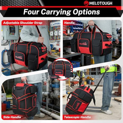 MELOTOUGH Rolling Tool Bag with 3 Zipper Pouches, Heavy Duty Large Tool Bag with Concealed Telescoping Handle, Multi-Pocket Organizer for Construction, Electrician, HVAC - 4 Carrying Options (Red) - style: Rolling Tool Bag Set